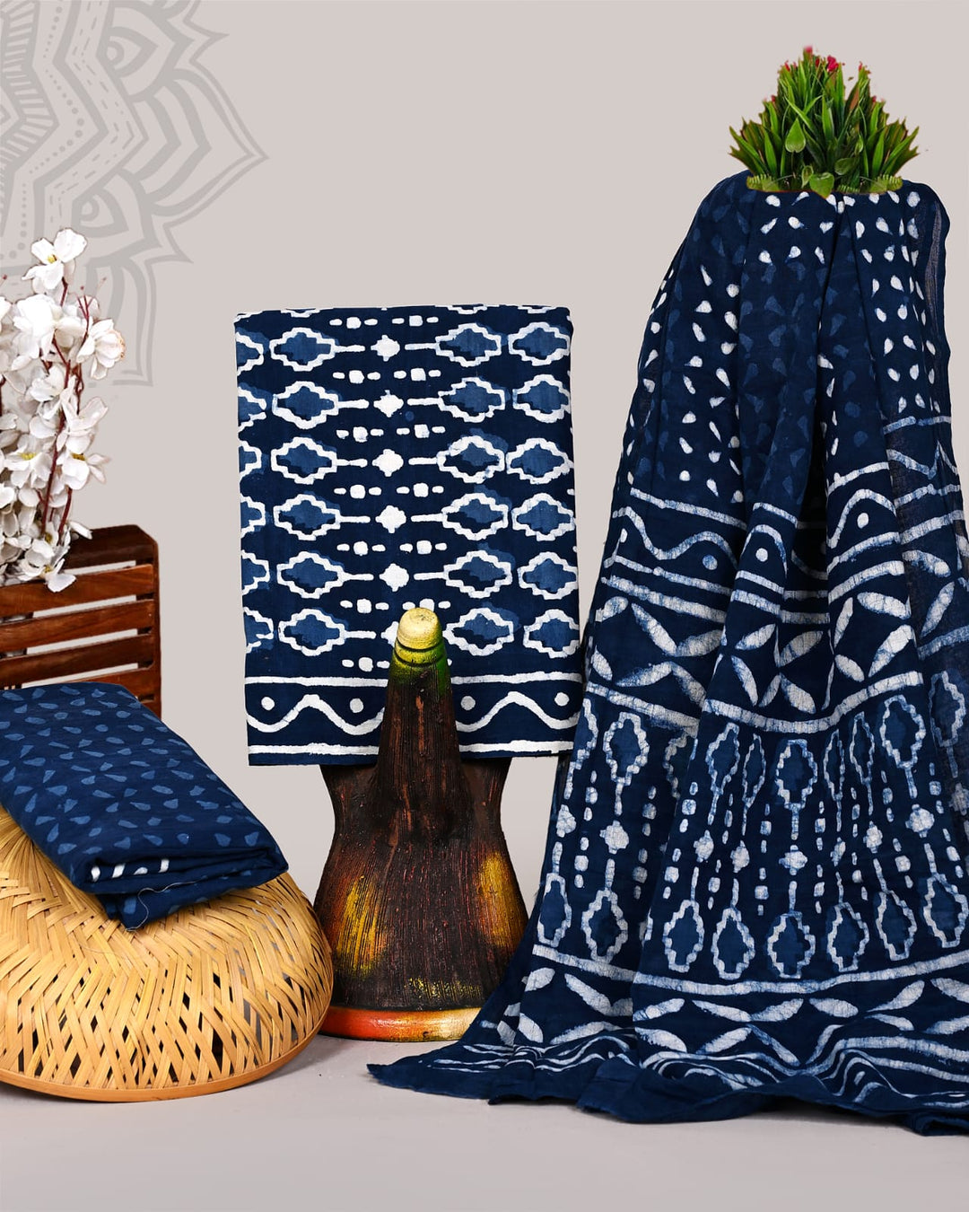 Pure Cotton Hand Block Print Unstitched Suit With Cotton Dupatta .