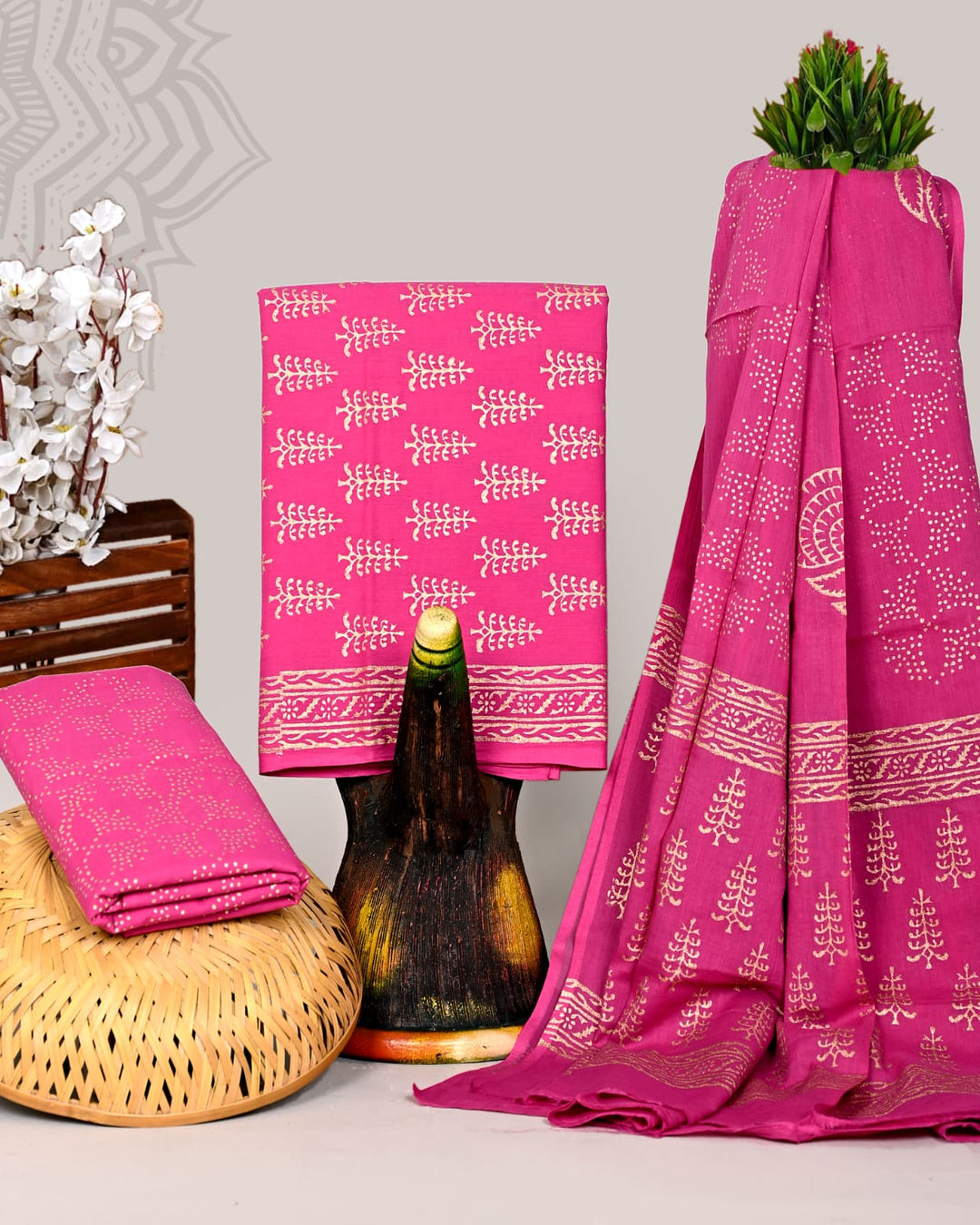 Pure Cotton Hand Block Print Unstitched Suit With Cotton Dupatta .