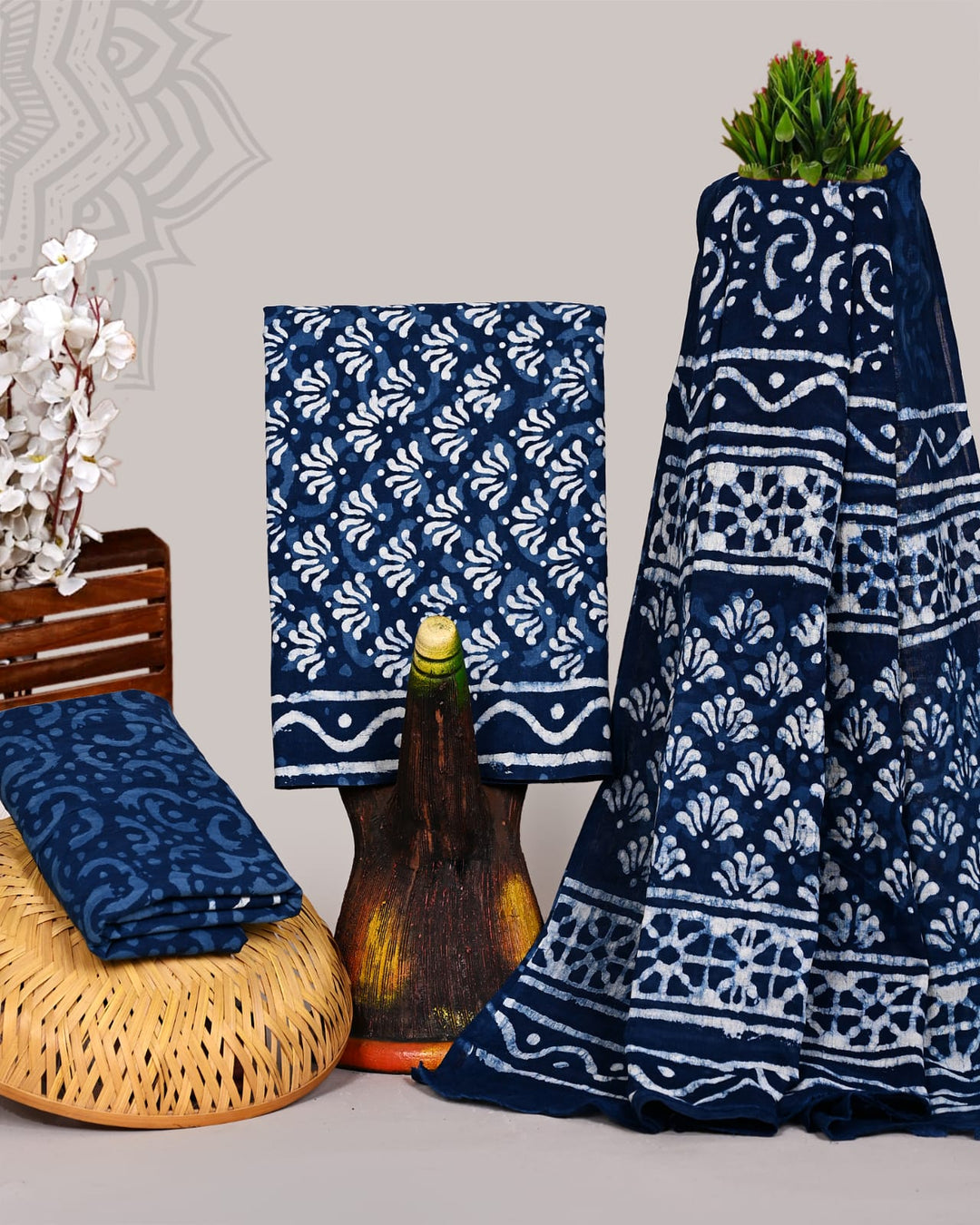 Pure Cotton Hand Block Print Unstitched Suit With Cotton Dupatta .