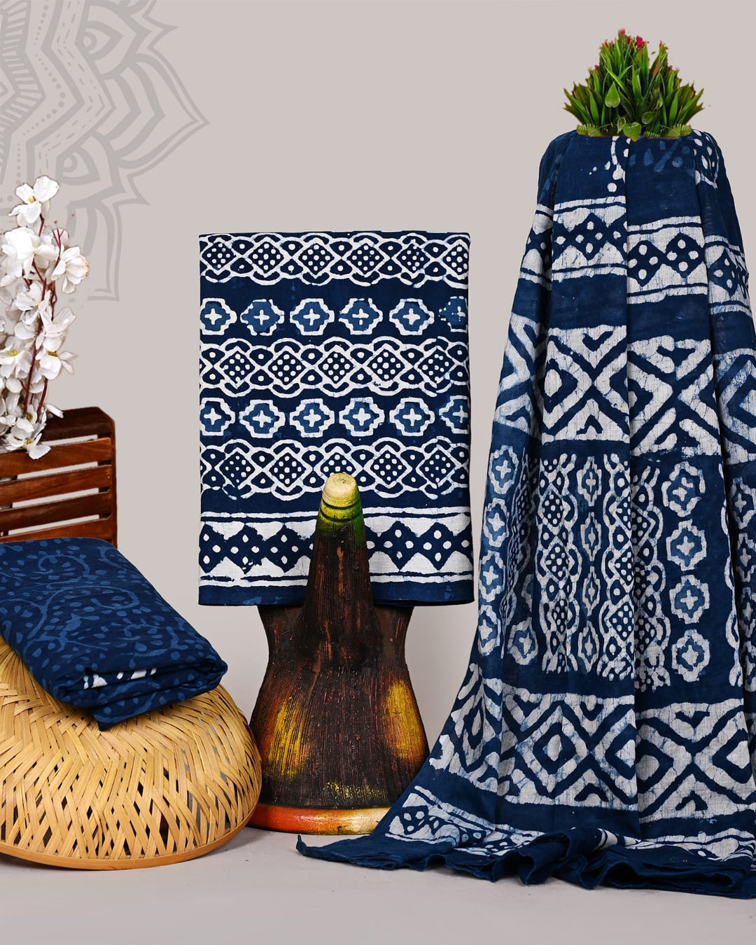 Pure Cotton Hand Block Print Unstitched Suit With Cotton Dupatta .