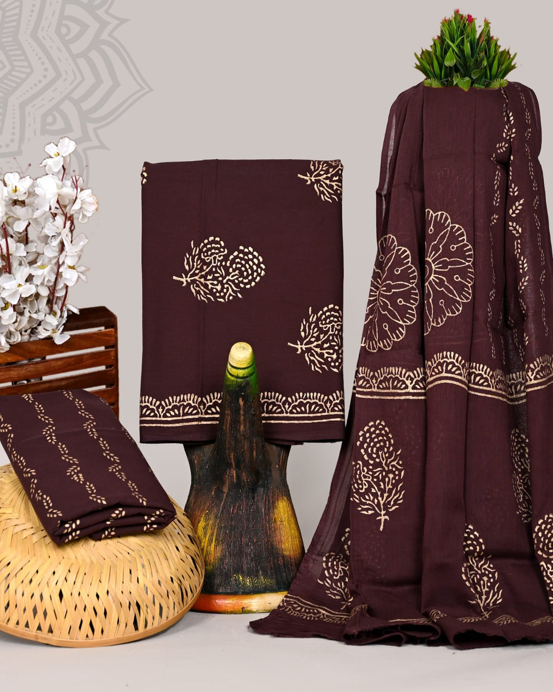 Pure Cotton Hand Block Print Unstitched Suit With Cotton Dupatta .