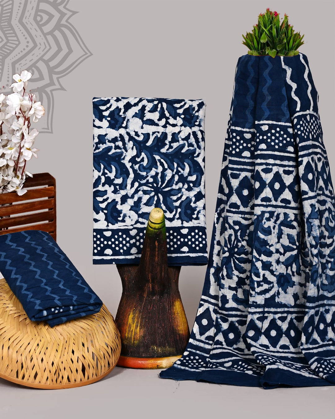 Pure Cotton Hand Block Print Unstitched Suit With Cotton Dupatta .