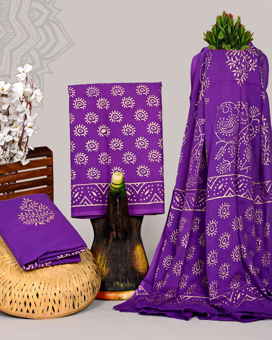 Pure Cotton Hand Block Print Unstitched Suit With Cotton Dupatta .