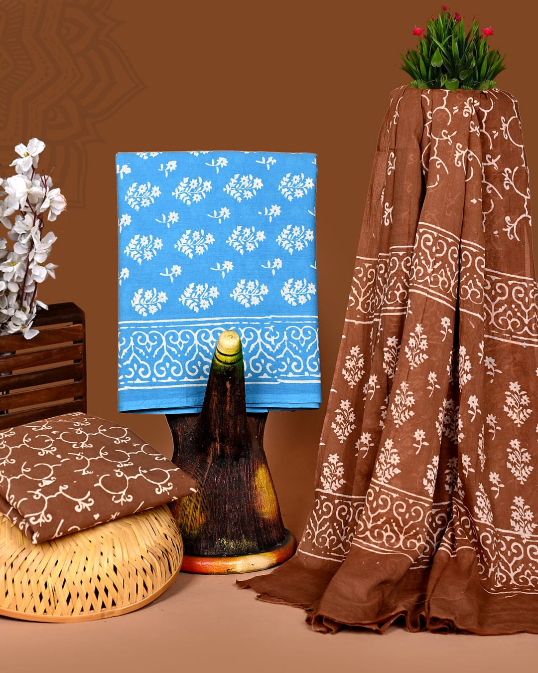 Pure Cotton Hand Block Print Unstitched Suit With Cotton Dupatta .