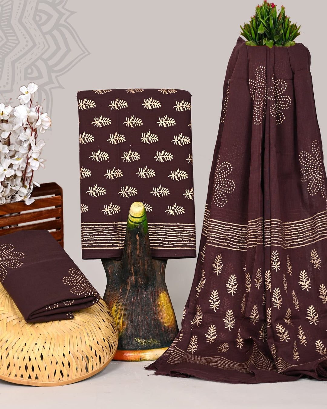 Pure Cotton Hand Block Print Unstitched Suit With Cotton Dupatta .