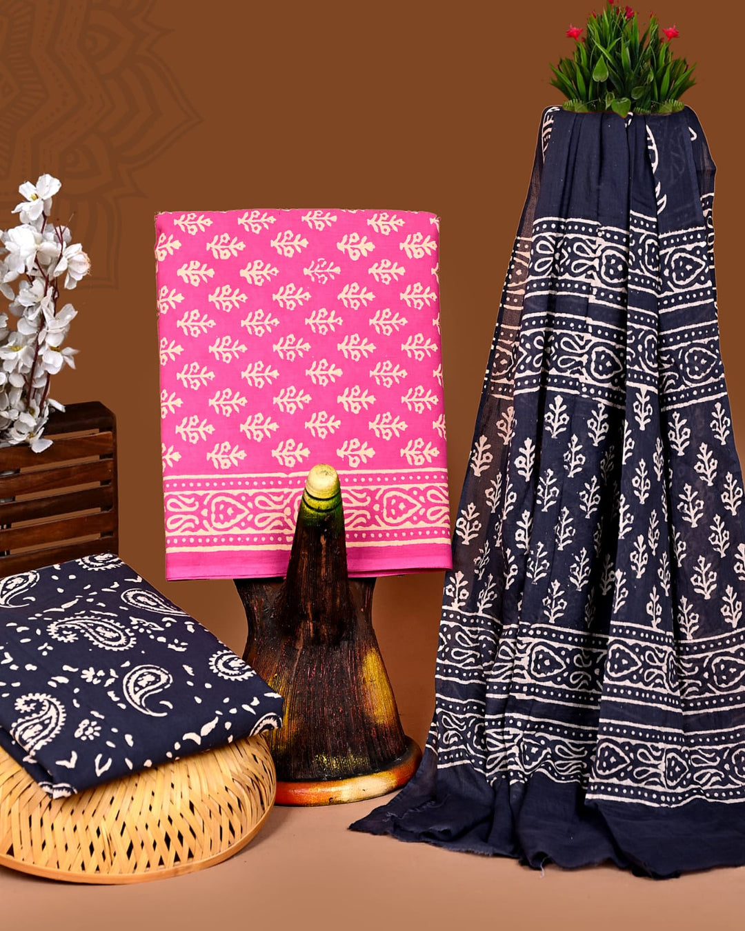 Pure Cotton Hand Block Print Unstitched Suit With Cotton Dupatta .