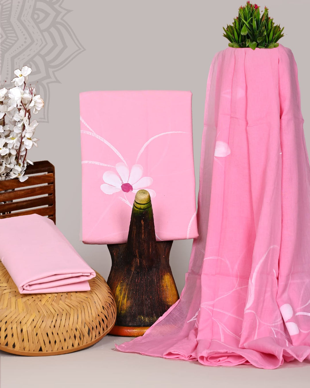 Pure Cotton Hand Block Print Unstitched Suit With Cotton Dupatta .
