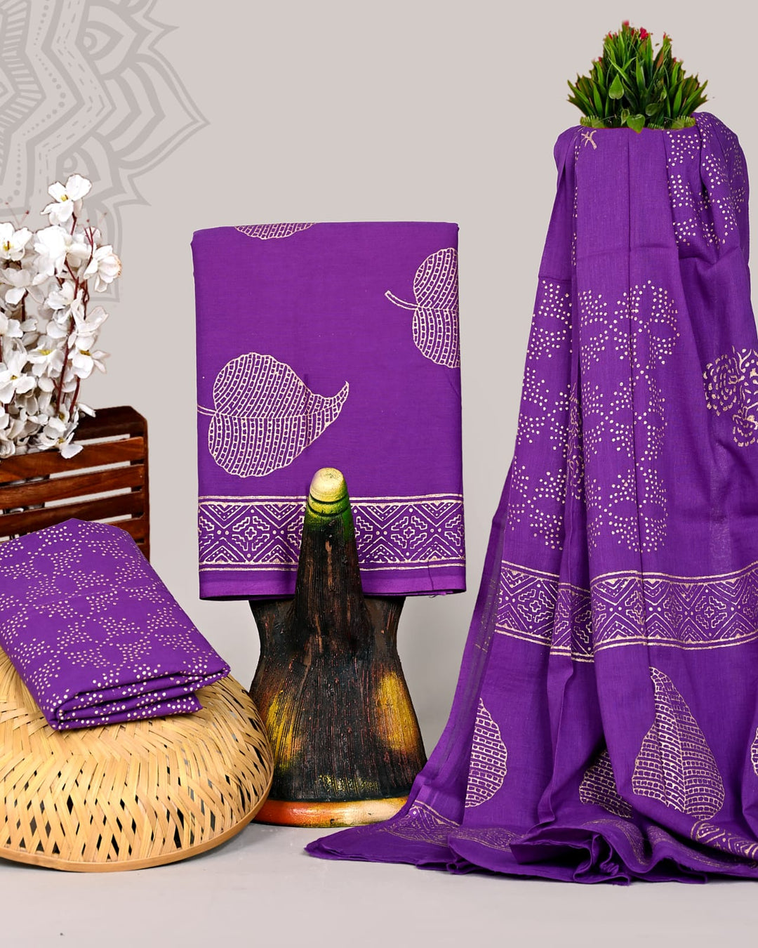 Pure Cotton Hand Block Print Unstitched Suit With Cotton Dupatta .