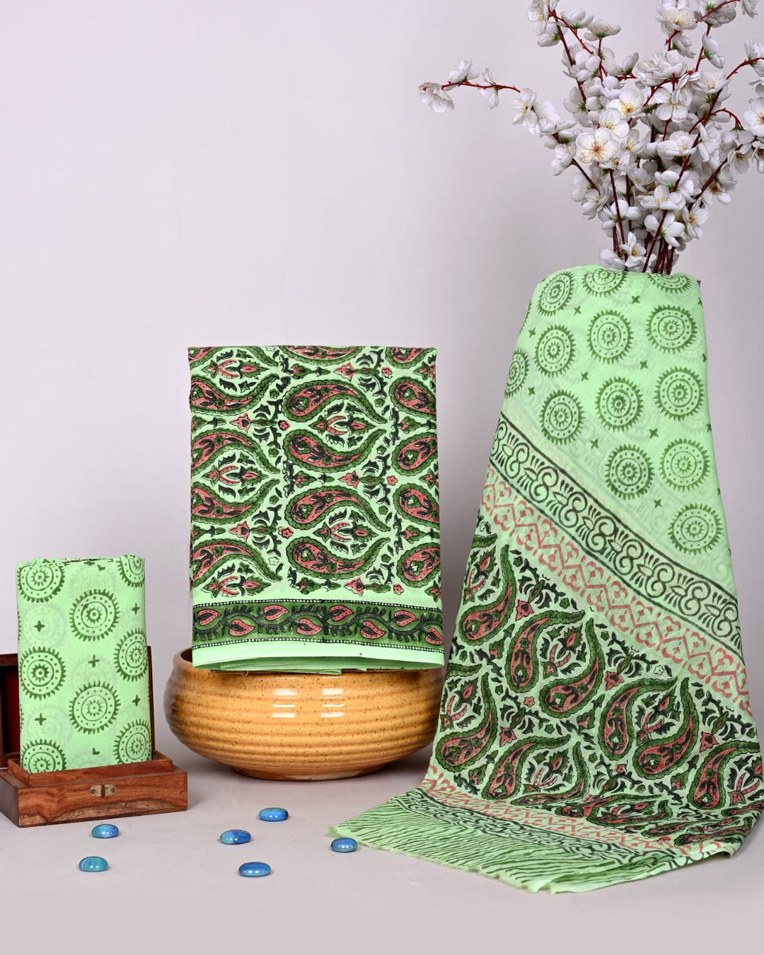 Pure Cotton Hand Block Print Unstitched Suit With Cotton Dupatta .