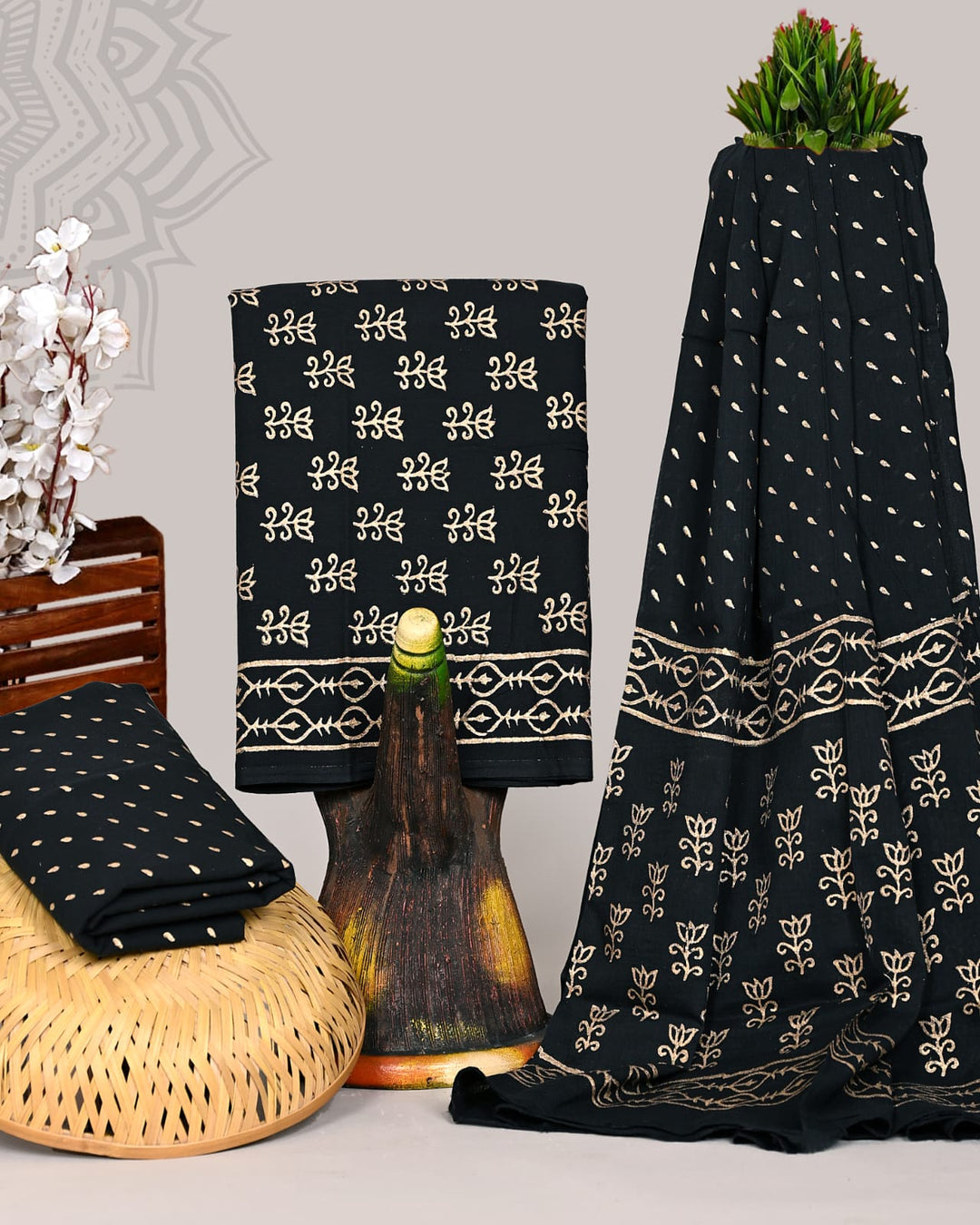 Pure Cotton Hand Block Print Unstitched Suit With Cotton Dupatta .