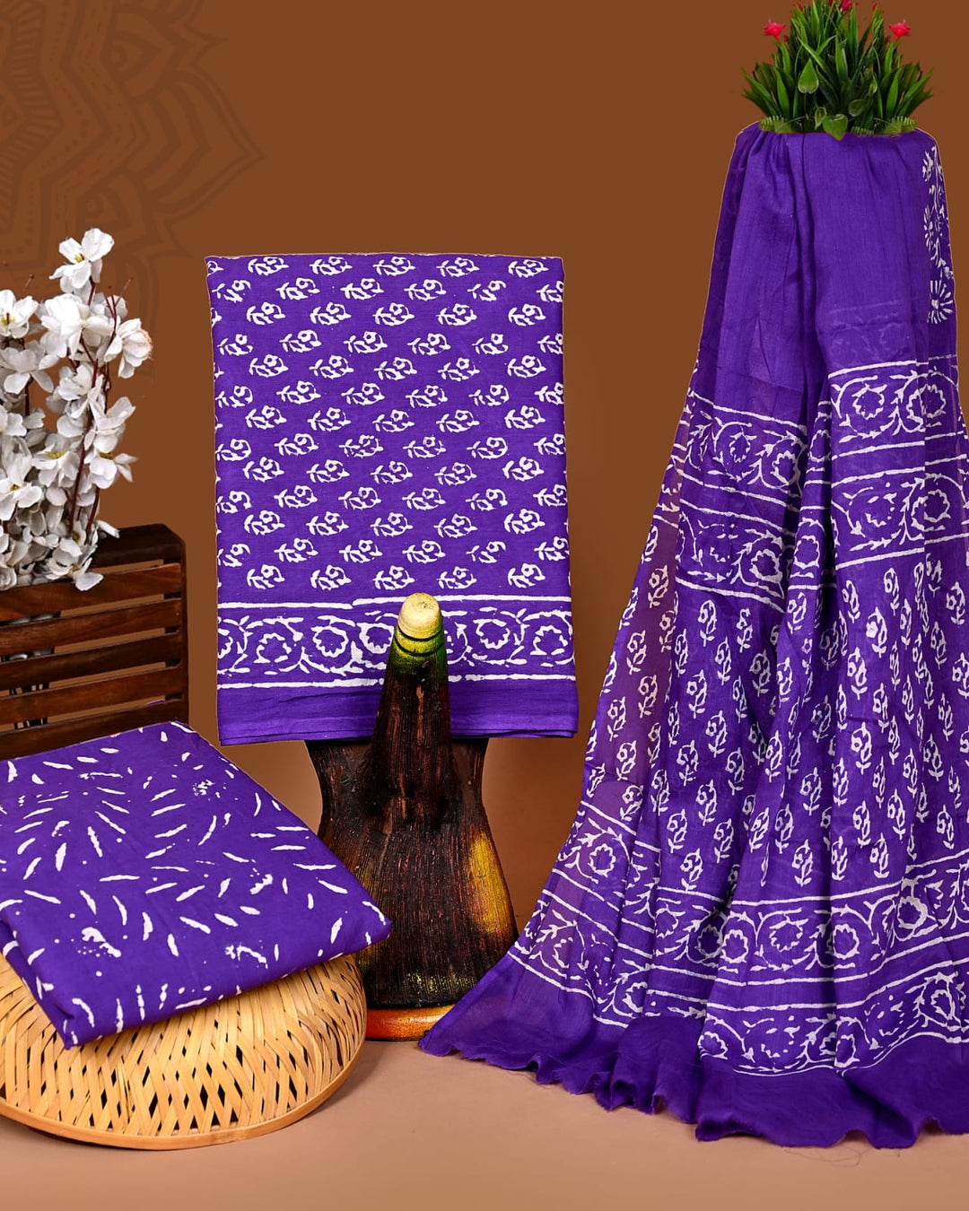 Pure Cotton Hand Block Print Unstitched Suit With Cotton Dupatta .