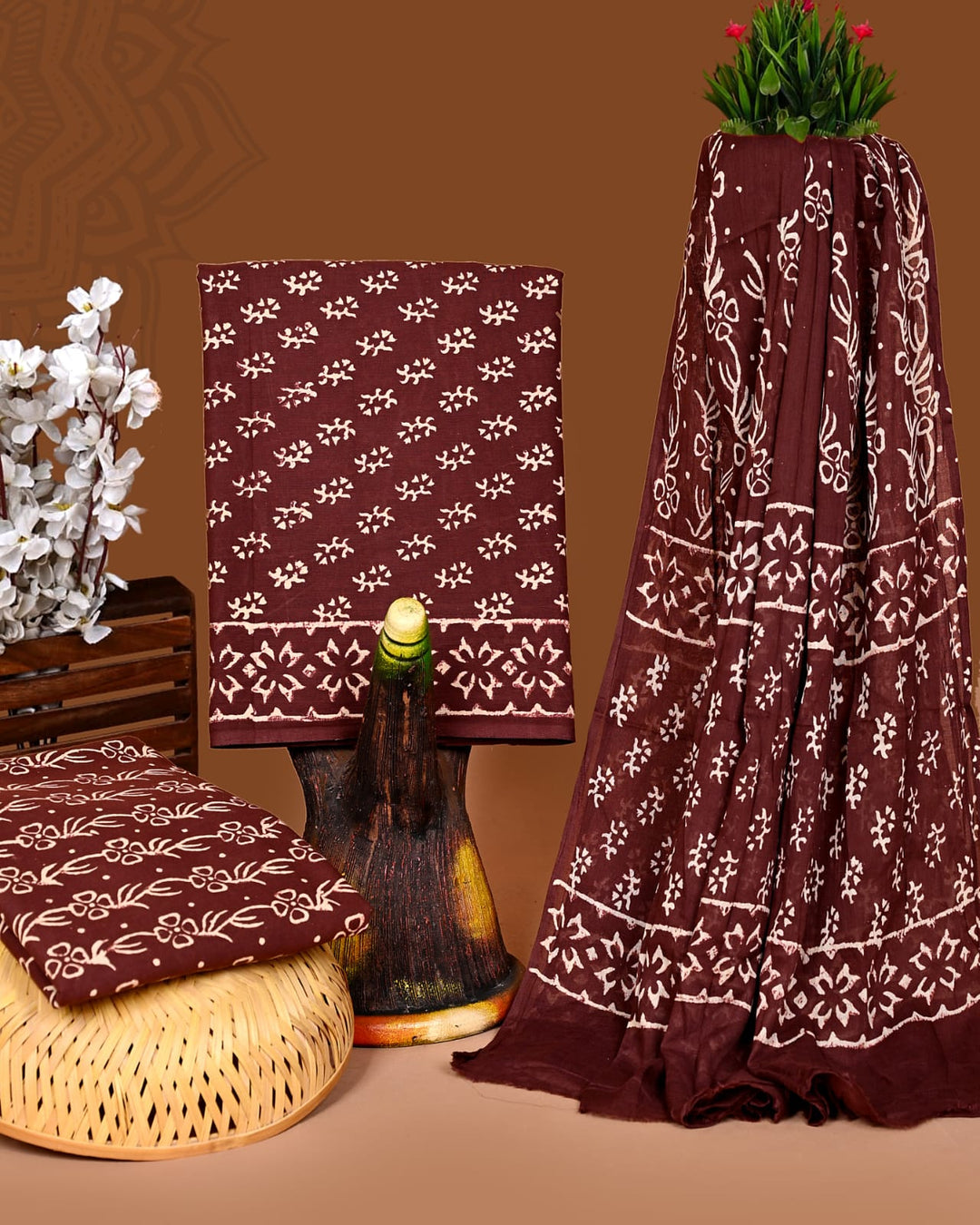 Pure Cotton Hand Block Print Unstitched Suit With Cotton Dupatta .