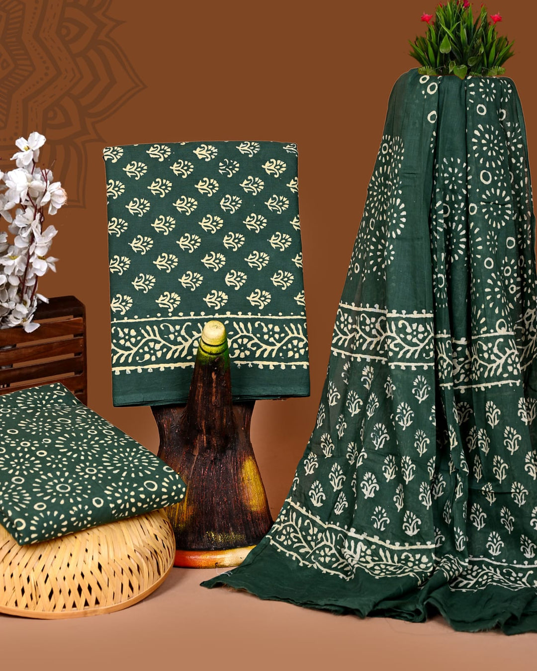 Pure Cotton Hand Block Print Unstitched Suit With Cotton Dupatta .
