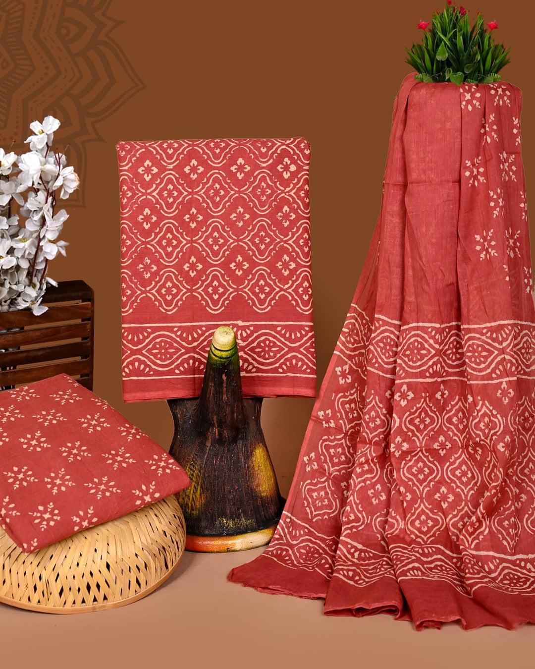Pure Cotton Hand Block Print Unstitched Suit With Cotton Dupatta .