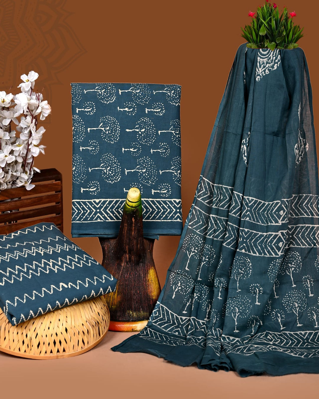 Pure Cotton Hand Block Print Unstitched Suit With Cotton Dupatta .