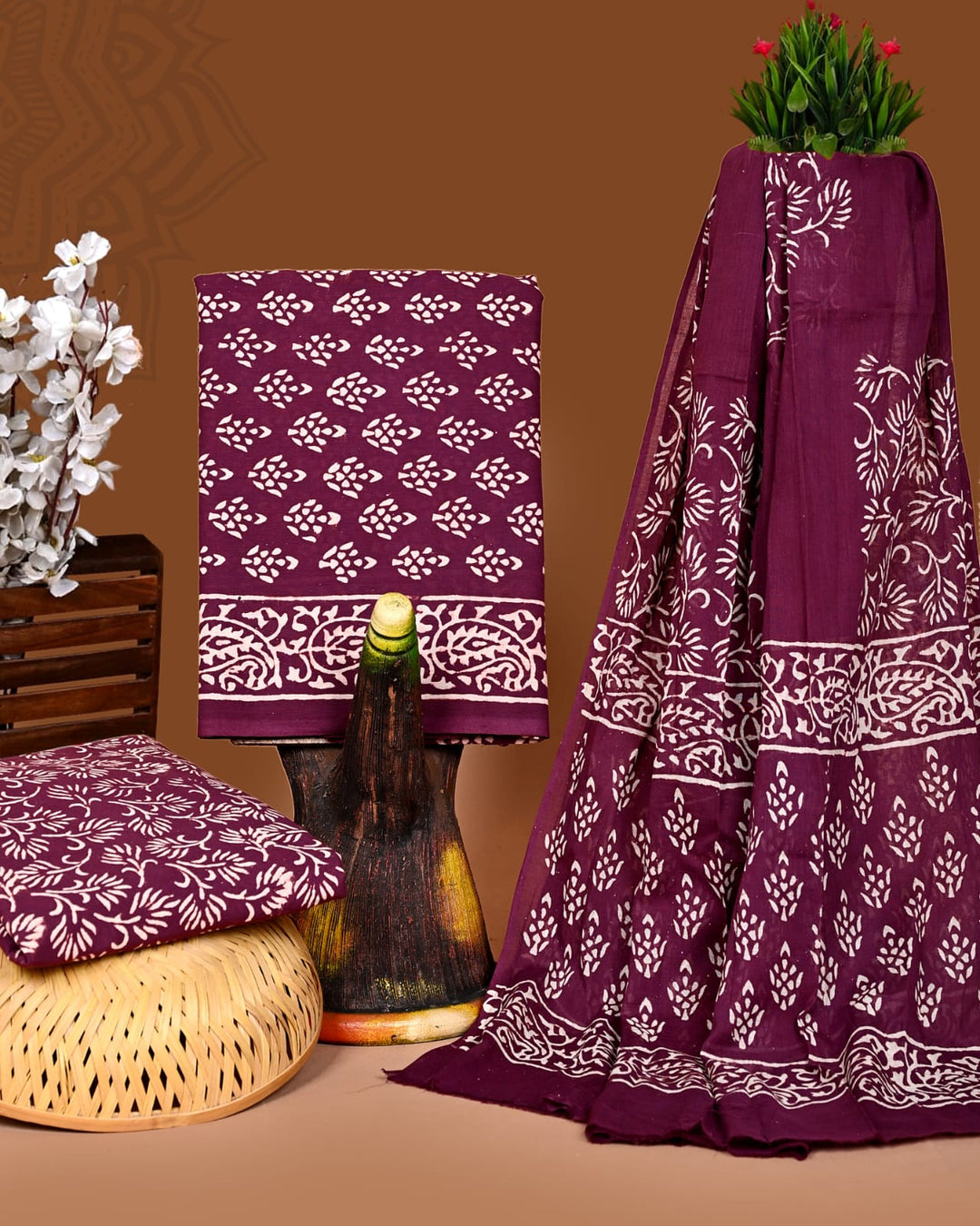Pure Cotton Hand Block Print Unstitched Suit With Cotton Dupatta .