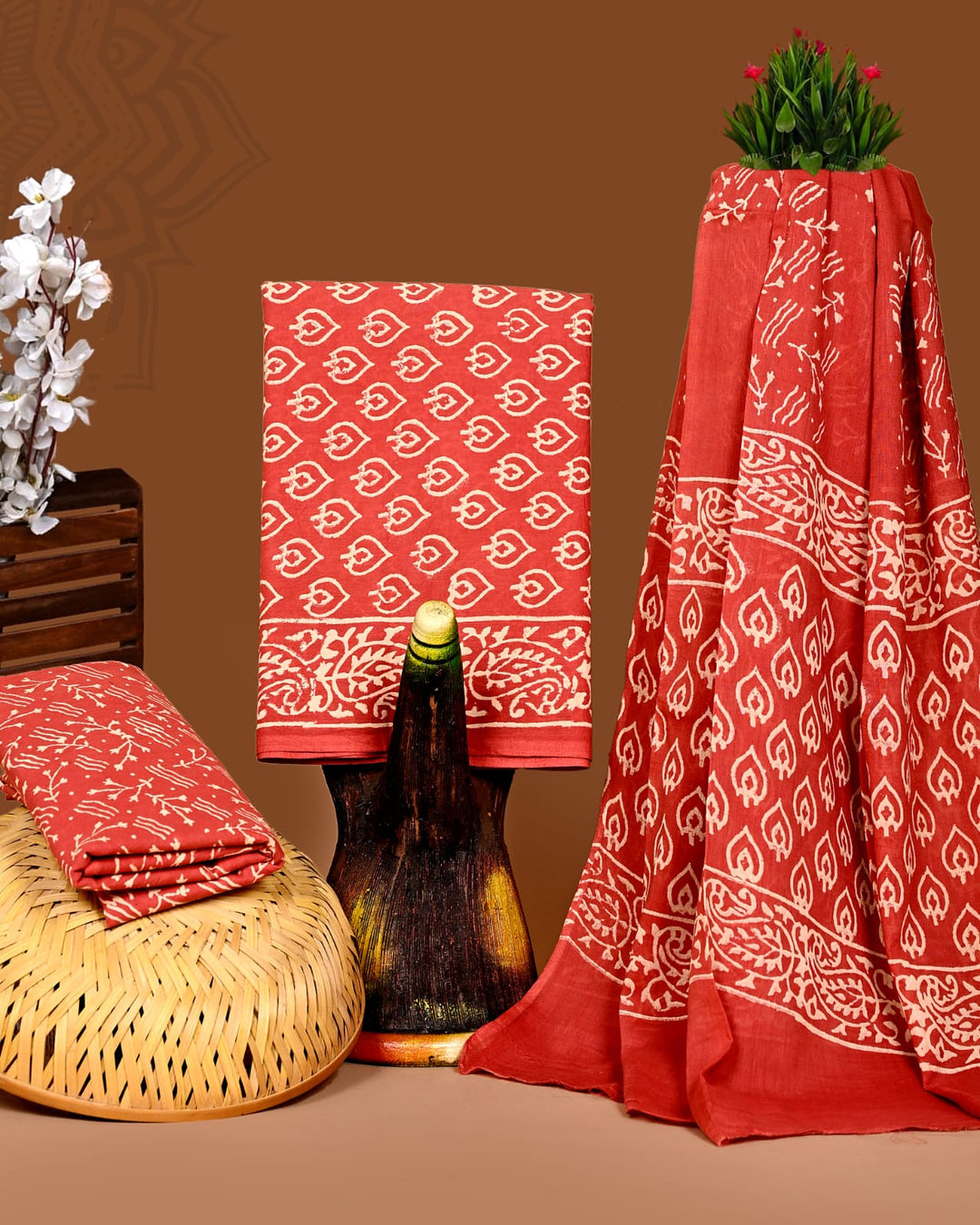 Pure Cotton Hand Block Print Unstitched Suit With Cotton Dupatta .