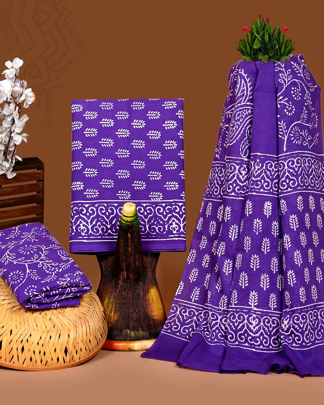 Pure Cotton Hand Block Print Unstitched Suit With Cotton Dupatta .