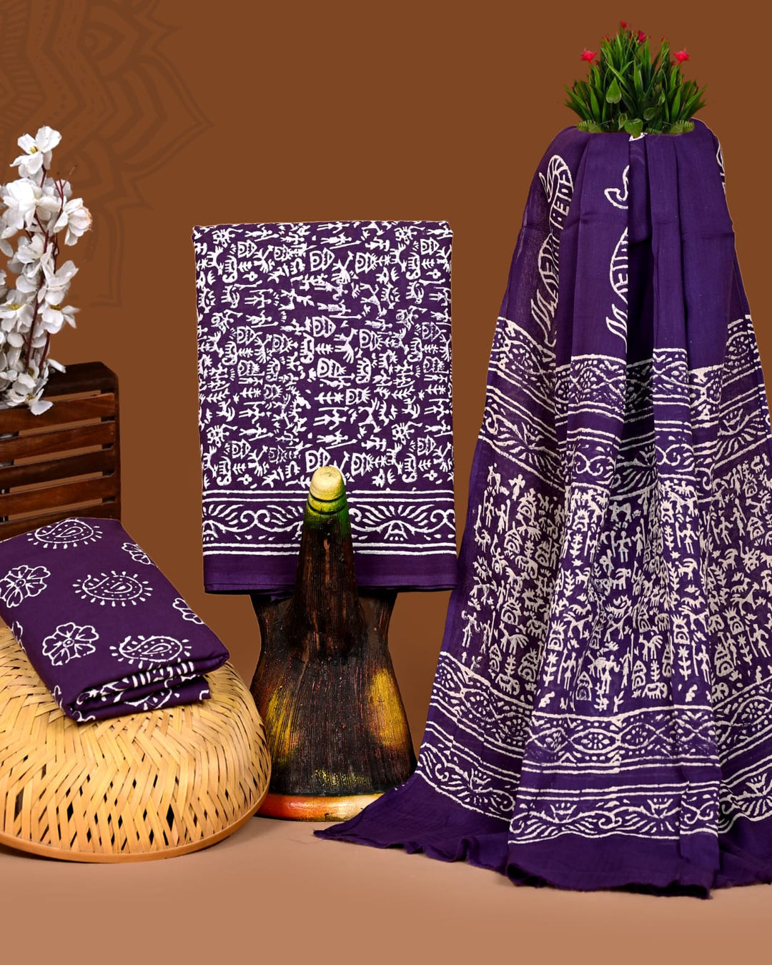 Pure Cotton Hand Block Print Unstitched Suit With Cotton Dupatta .