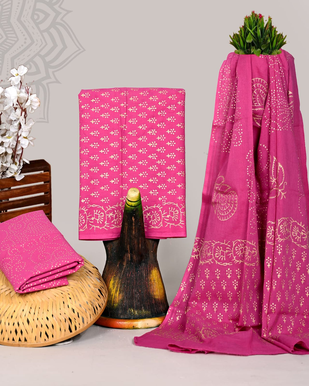 Pure Cotton Hand Block Print Unstitched Suit With Cotton Dupatta .