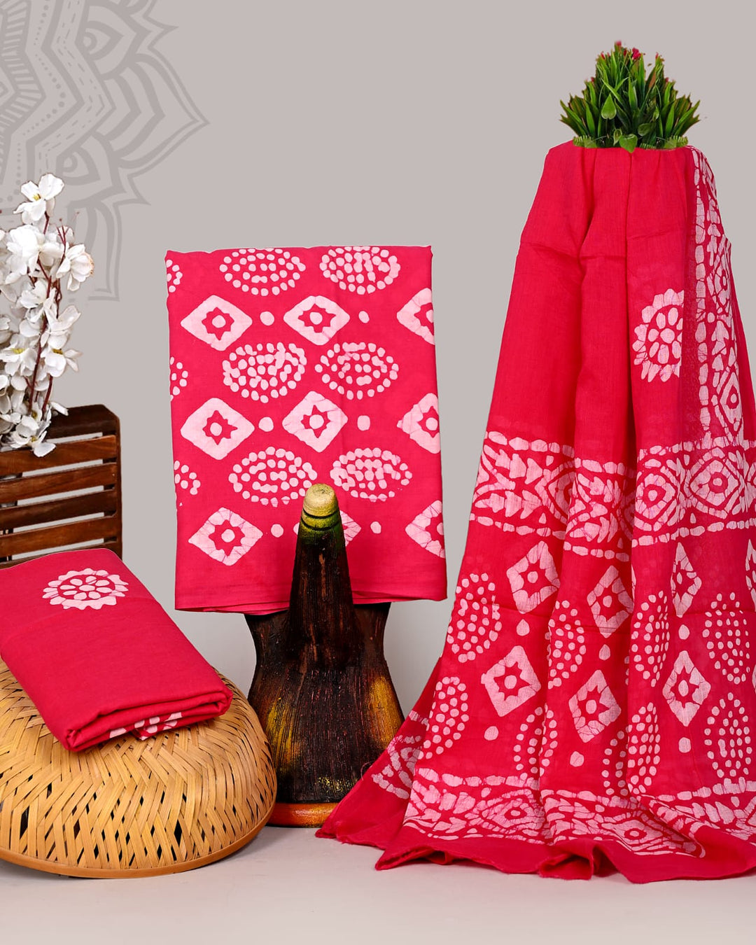Pure Cotton Hand Block Print Unstitched Suit With Cotton Dupatta .