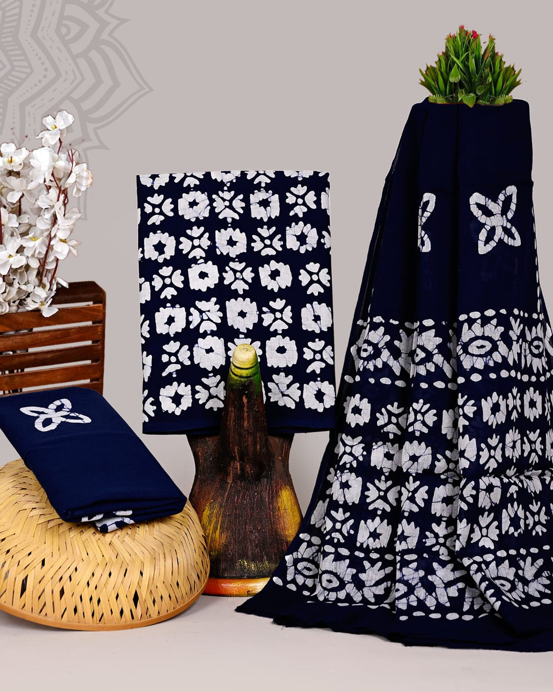 Pure Cotton Hand Block Print Unstitched Suit With Cotton Dupatta .