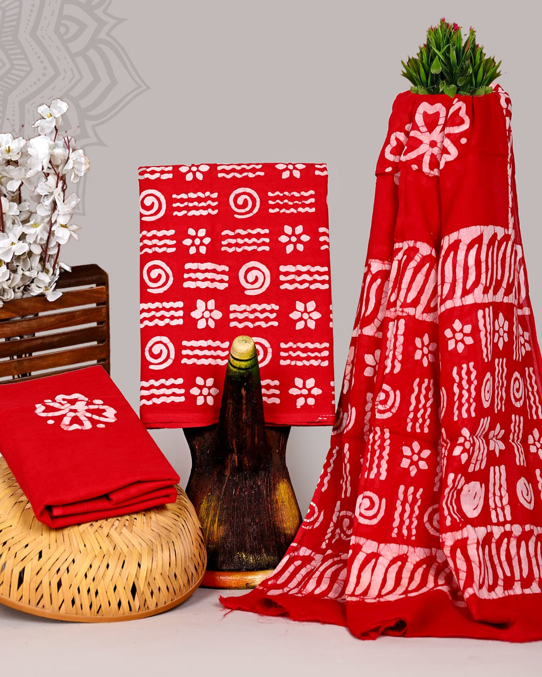 Pure Cotton Hand Block Print Unstitched Suit With Cotton Dupatta .