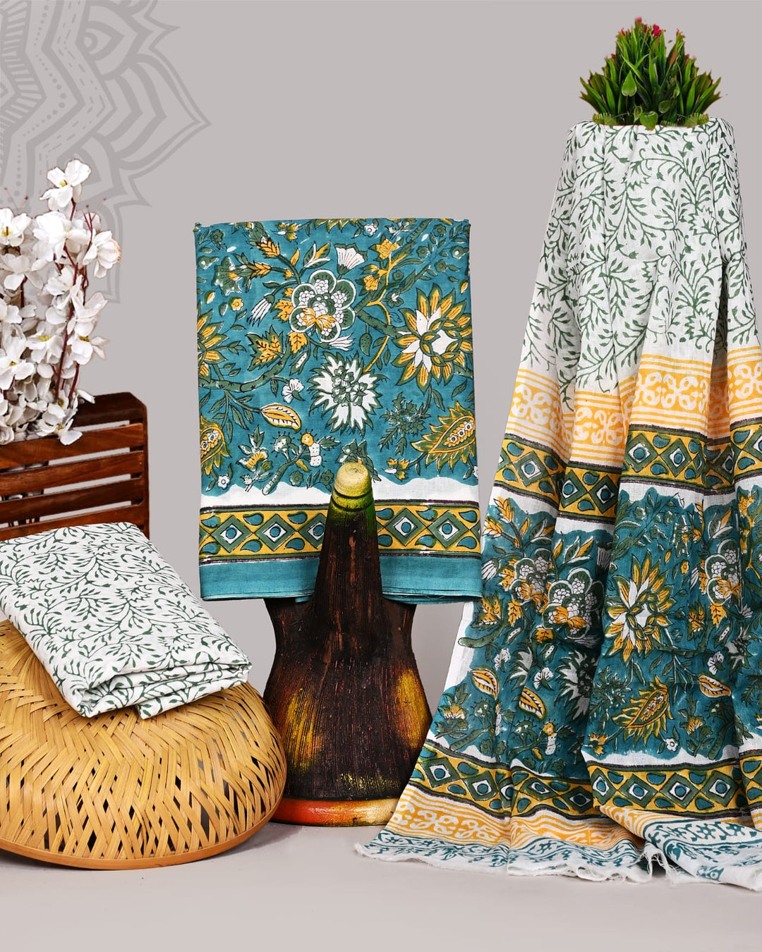 Pure Cotton Hand Block Print Unstitched Suit With Cotton Dupatta .
