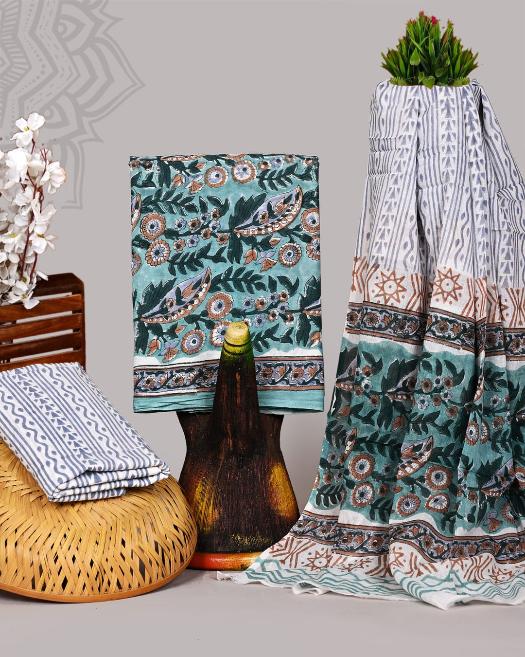 Pure Cotton Hand Block Print Unstitched Suit With Cotton Dupatta .