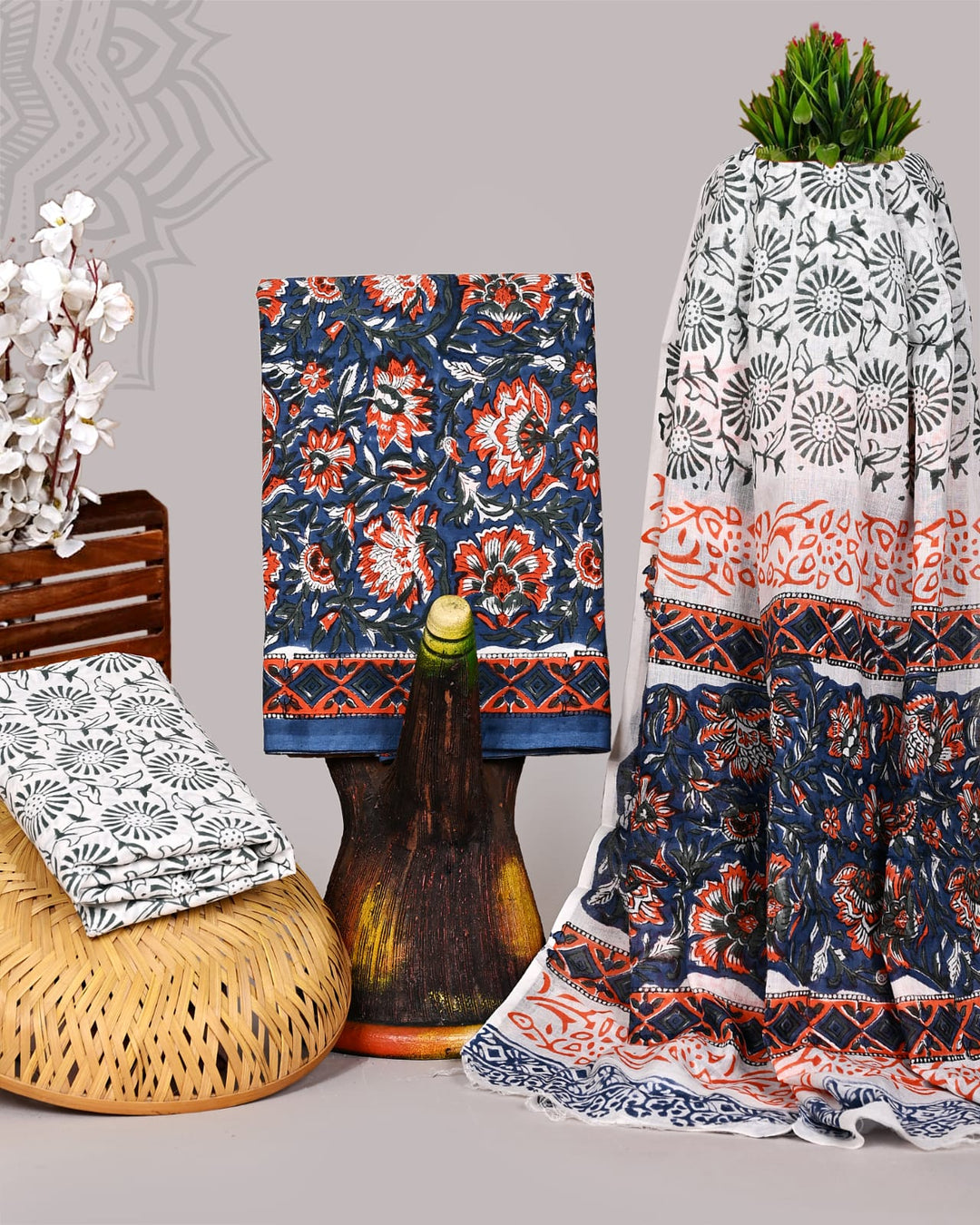 Pure Cotton Hand Block Print Unstitched Suit With Cotton Dupatta .