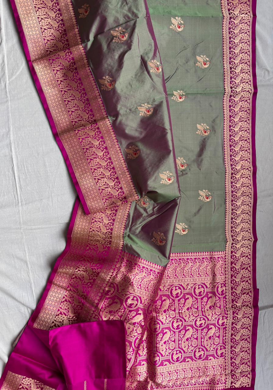 Pure Katan Silk Saree With Shikargah weave Work Saree.