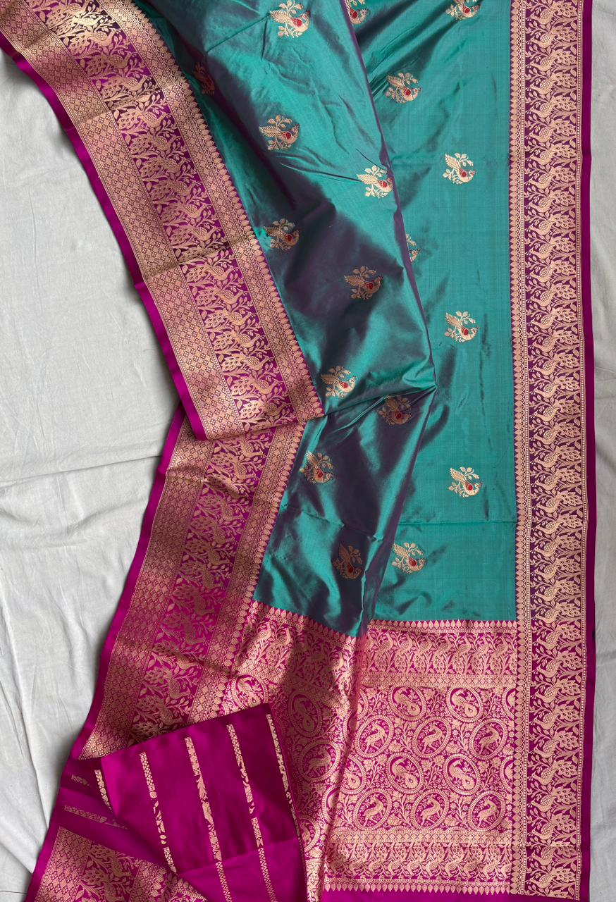Pure Katan Silk Saree With Shikargah weave Work Saree.