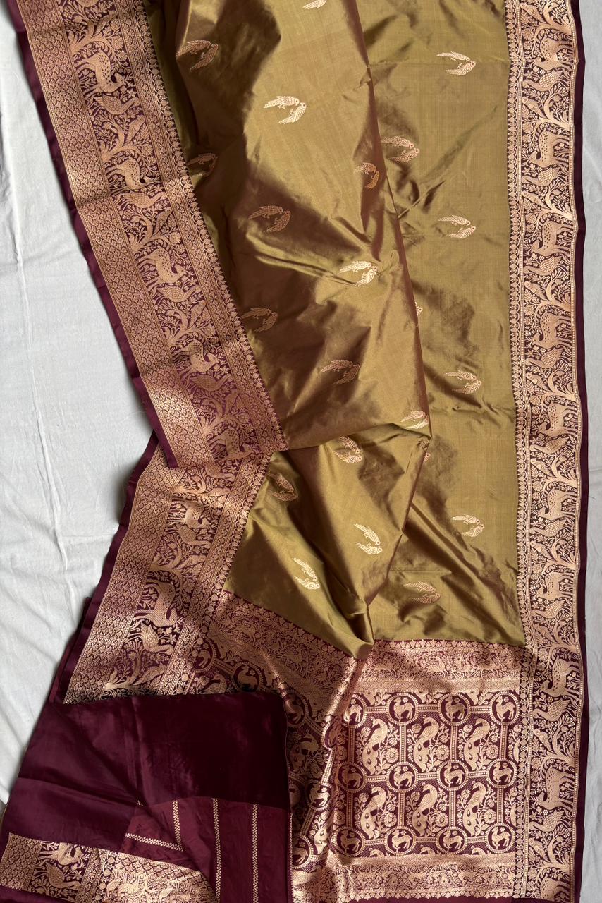 Pure Katan Silk Saree With Shikargah weave Work Saree.