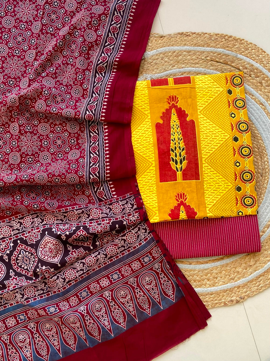 Pure Cotton Azrakh Print Unstitched Suit With  mul cotton  Duppatta