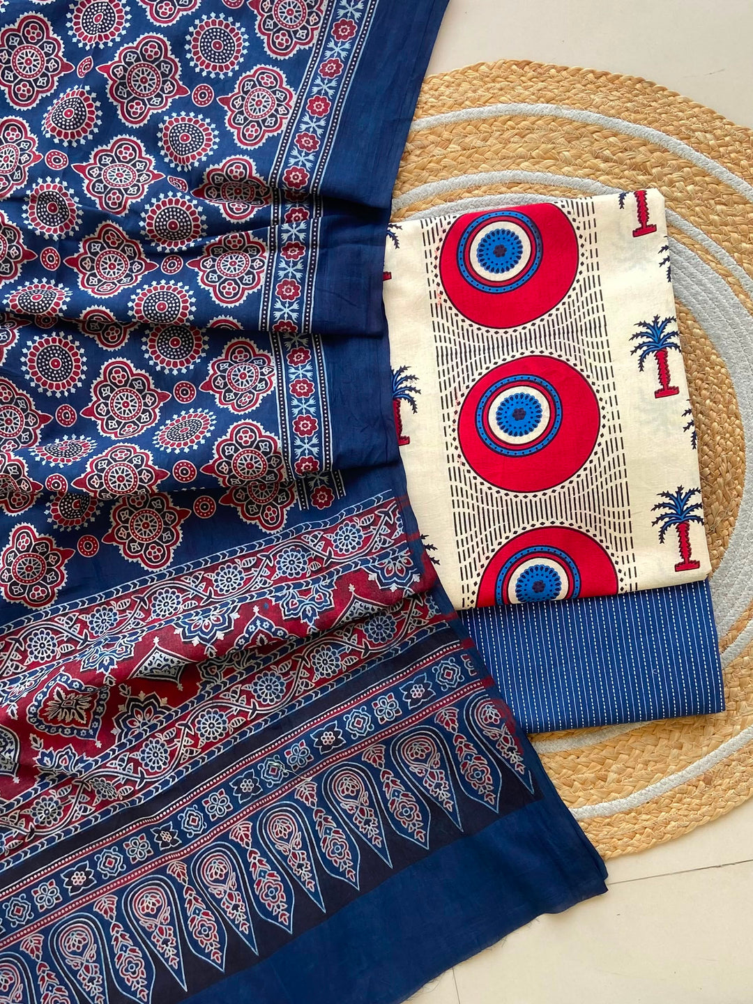 Pure Cotton Azrakh Print Unstitched Suit With  mul cotton  Duppatta