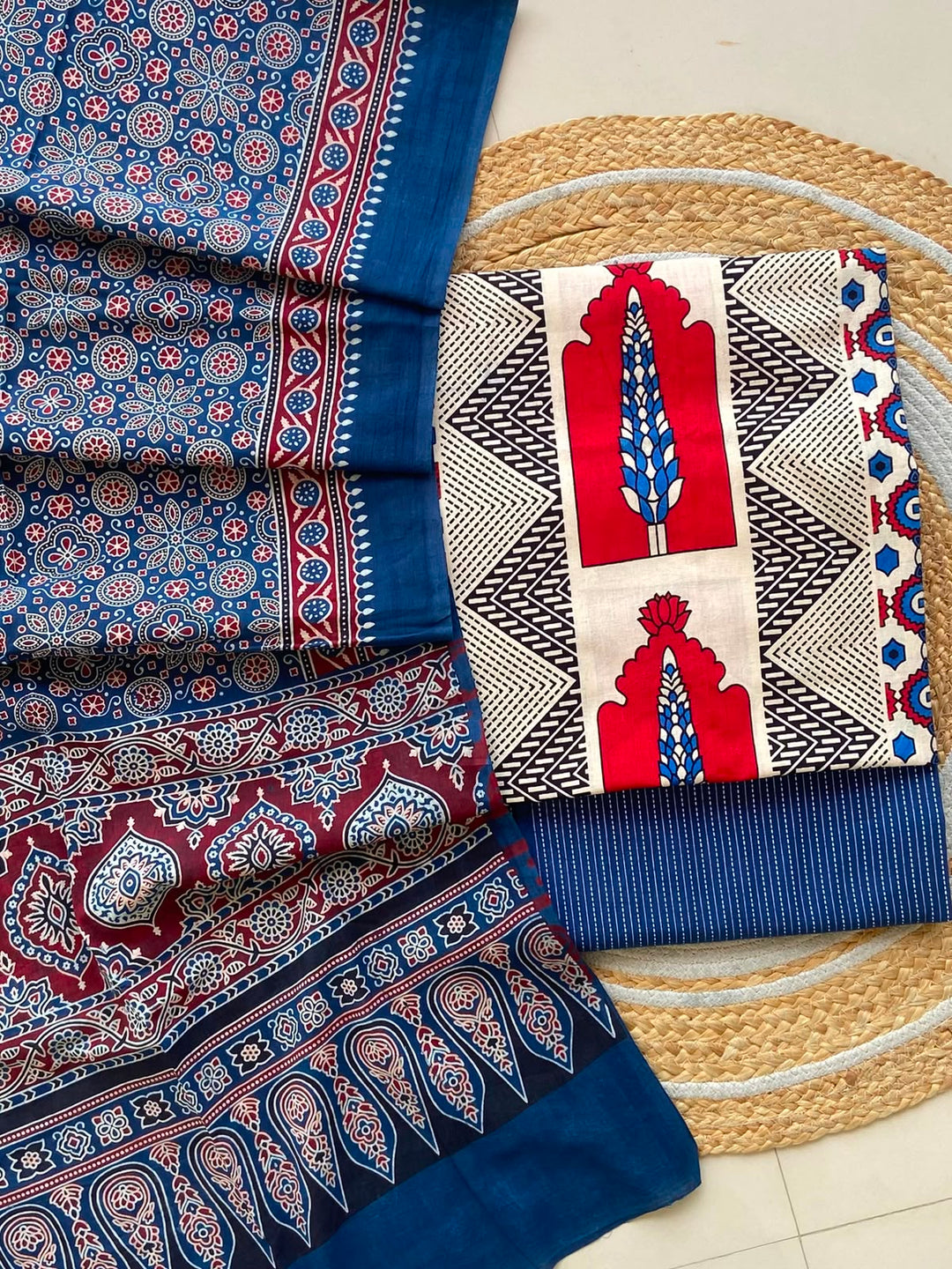 Pure Cotton Azrakh Print Unstitched Suit With  mul cotton  Duppatta
