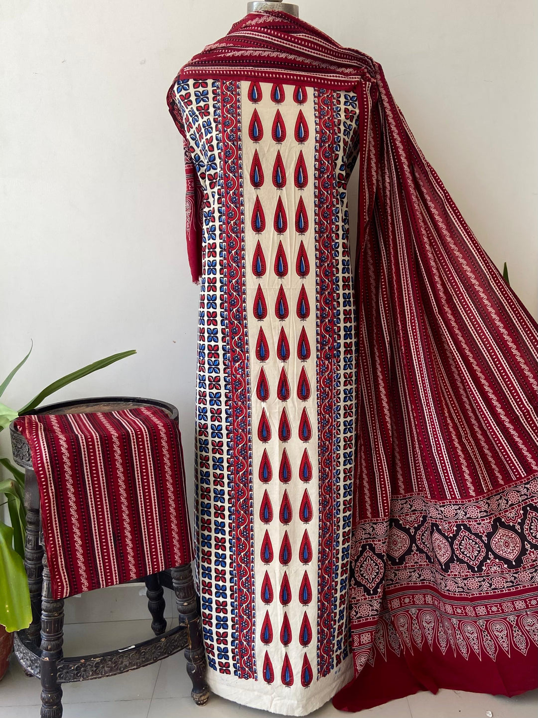 Pure Cotton Azrakh Print Unstitched Suit With  cotton Duppatta