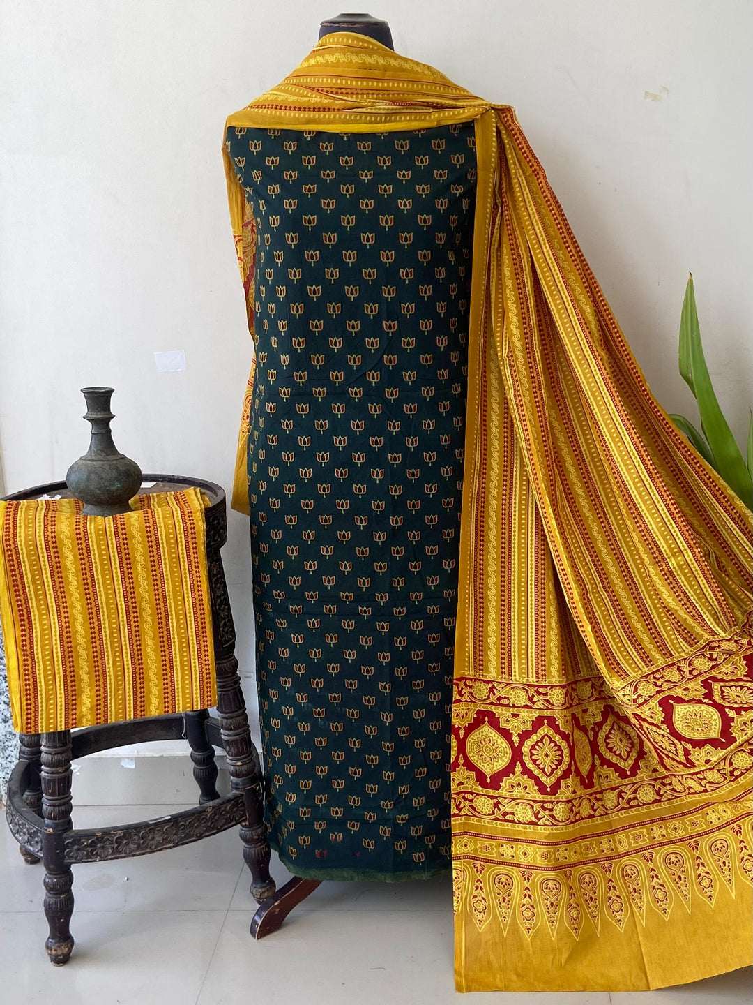 Pure Cotton Azrakh Print Unstitched Suit With  cotton Duppatta
