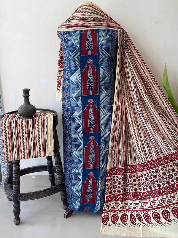 Pure Cotton Azrakh Print Unstitched Suit With  cotton Duppatta