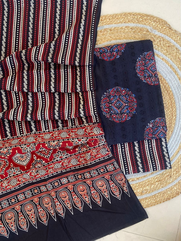 Pure Cotton Azrakh Print Unstitched Suit With  Mul cotton Duppatta