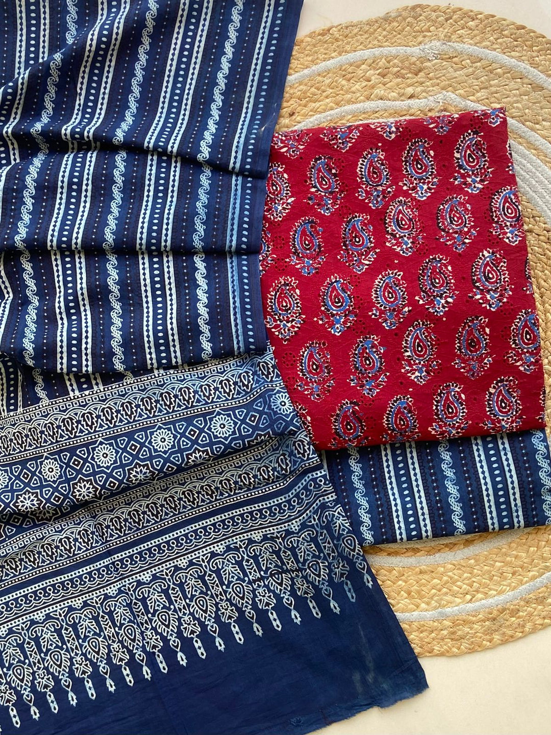 Pure Cotton Azrakh Print Unstitched Suit With  Mul cotton Duppatta