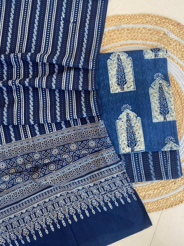 Pure Cotton Azrakh Print Unstitched Suit With  Mul cotton Duppatta