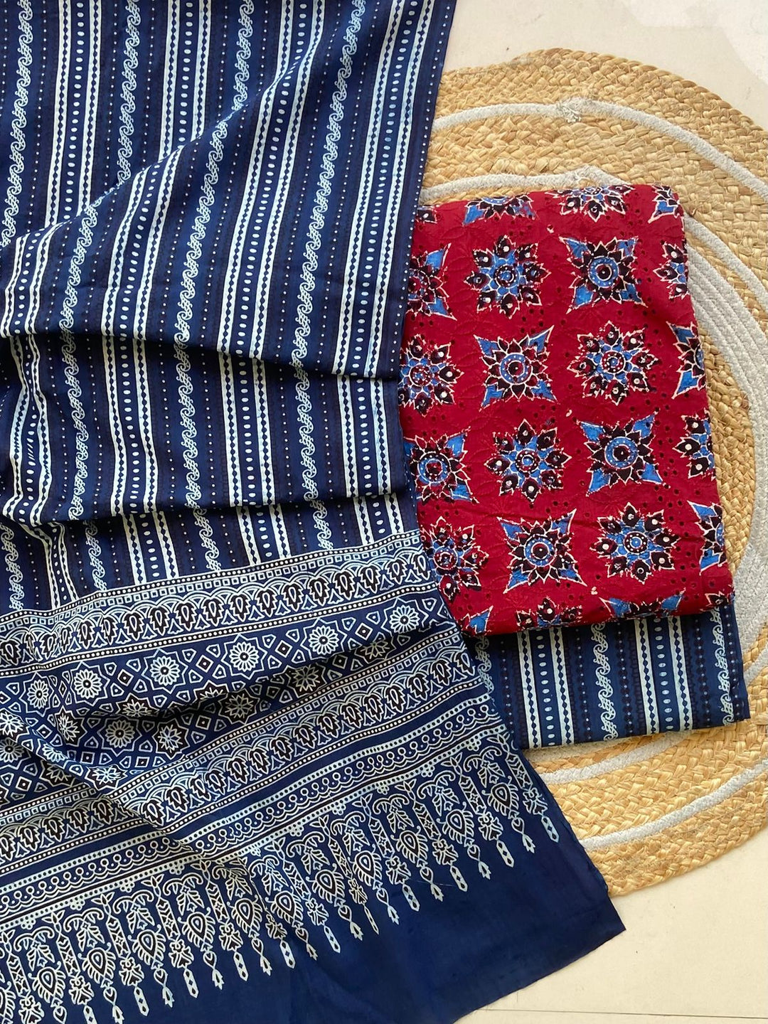 Pure Cotton Azrakh Print Unstitched Suit With  Mul cotton Duppatta