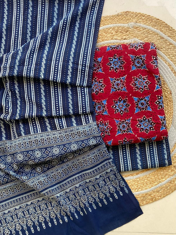 Pure Cotton Azrakh Print Unstitched Suit With  Mul cotton Duppatta