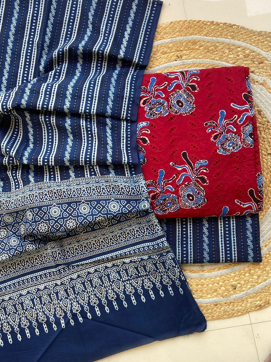 Pure Cotton Azrakh Print Unstitched Suit With  Mul cotton Duppatta