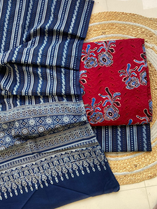 Pure Cotton Azrakh Print Unstitched Suit With  Mul cotton Duppatta