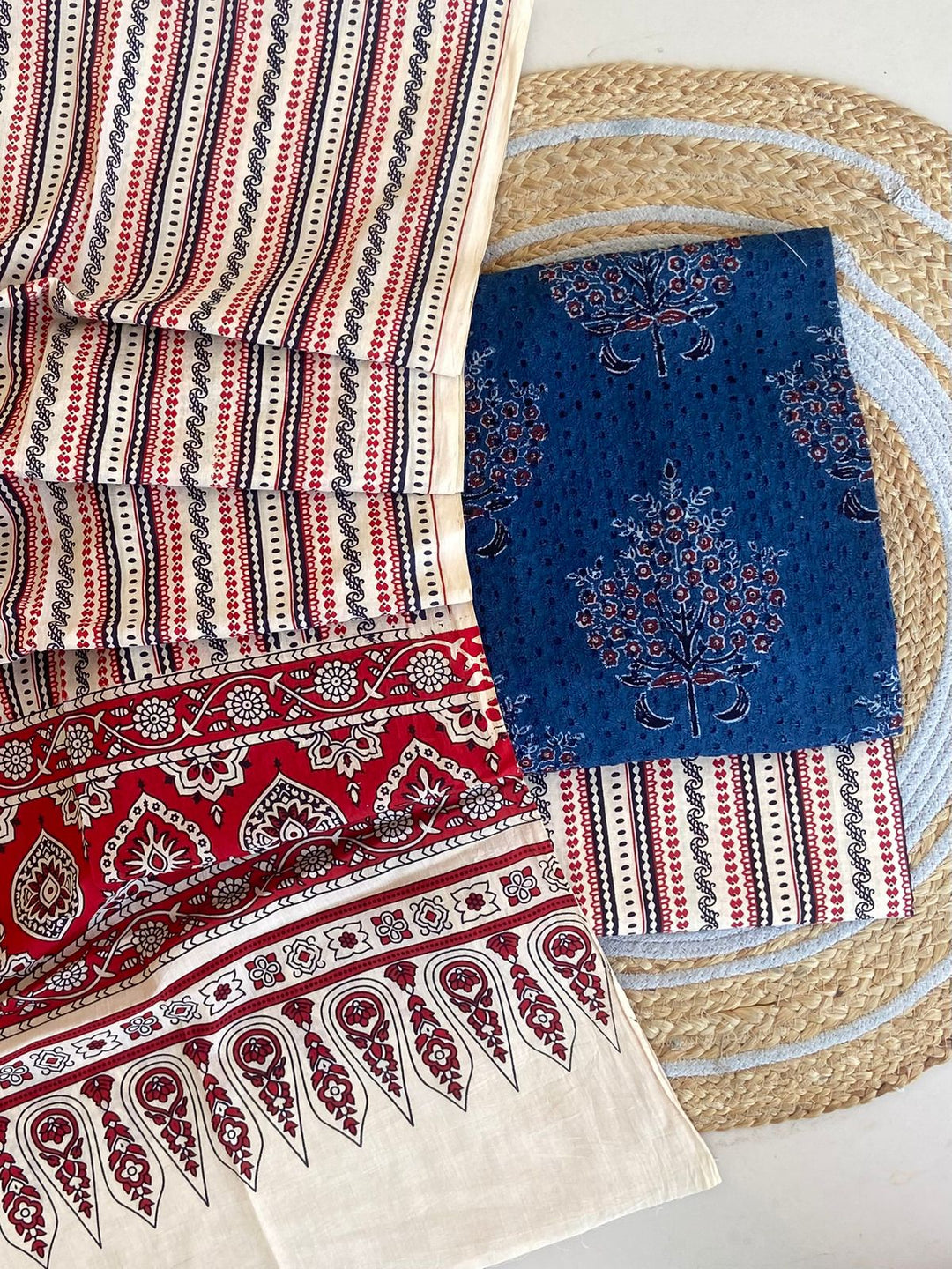 Pure Cotton Azrakh Print Unstitched Suit With  Mul cotton Duppatta