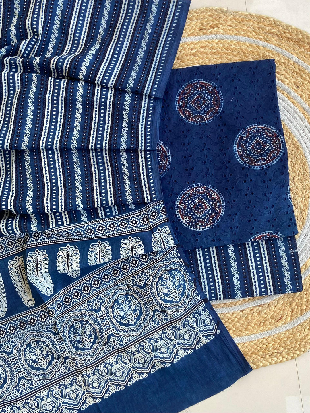 Pure Cotton Azrakh Print Unstitched Suit With  Mul cotton Duppatta