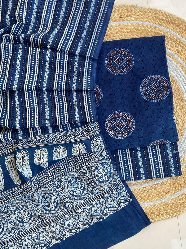 Pure Cotton Azrakh Print Unstitched Suit With  Mul cotton Duppatta