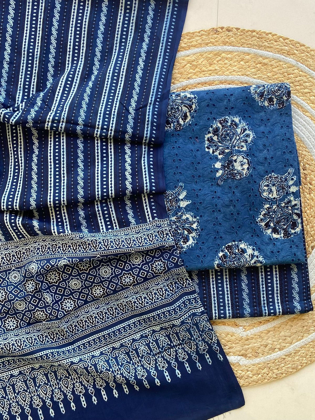 Pure Cotton Azrakh Print Unstitched Suit With  Mul cotton Duppatta
